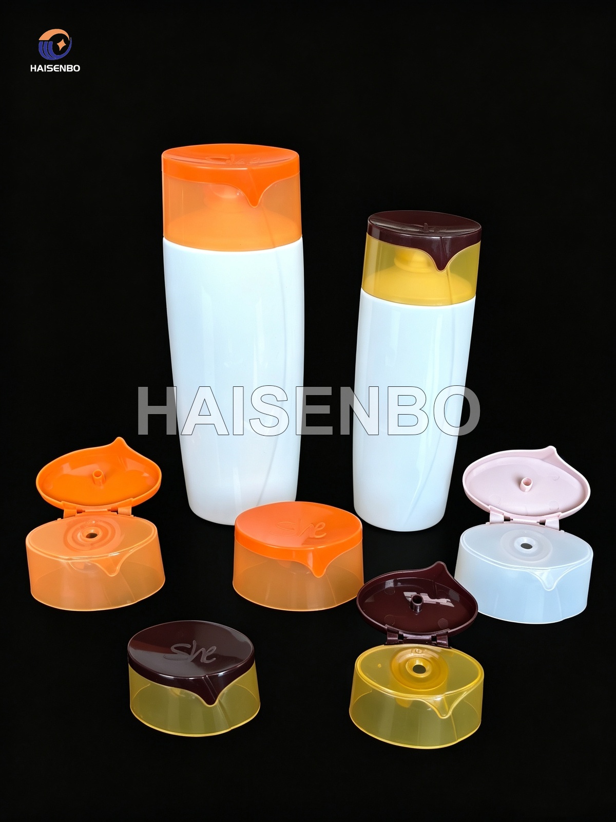 Two-color cosmetic caps shown on bottles