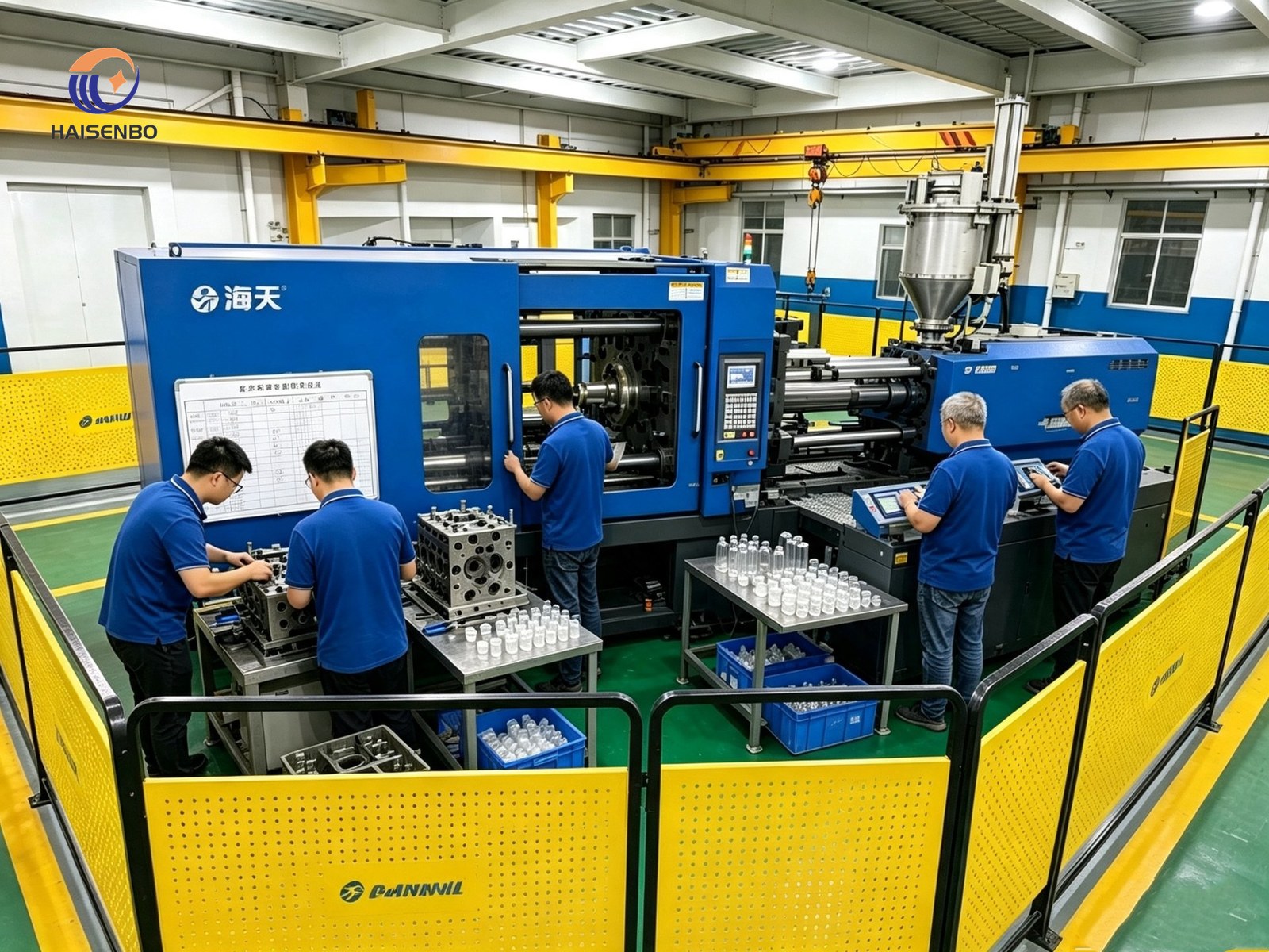 PET injection molding production line with multiple operators and Haitian machines