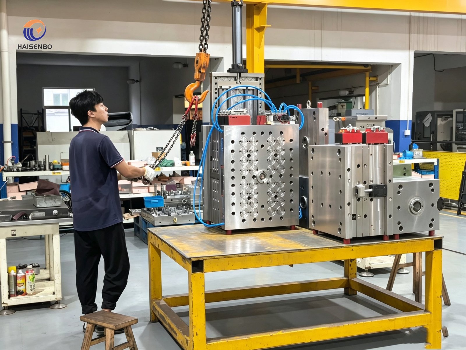 Overhead crane lifting a multi-cavity cap mold in the Haisenbo assembly workshop