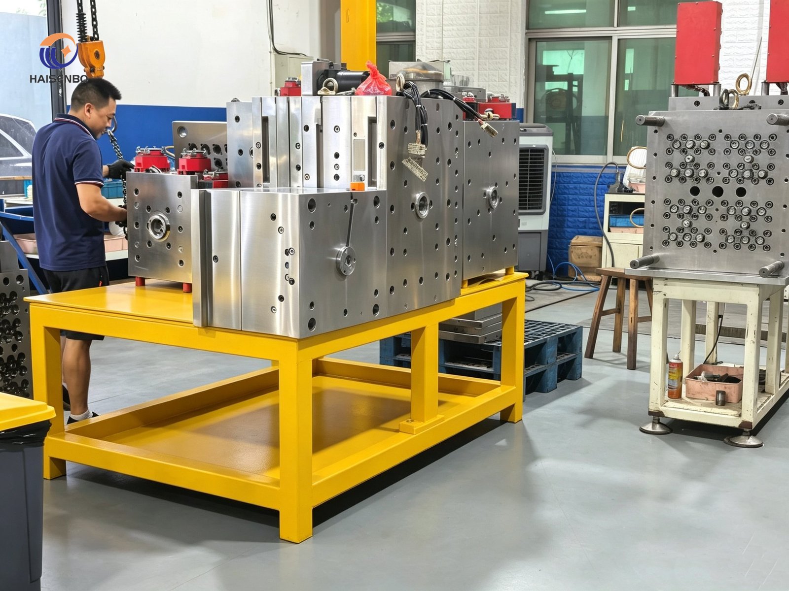 Technician assembling a multi-cavity cap mold at the workbench