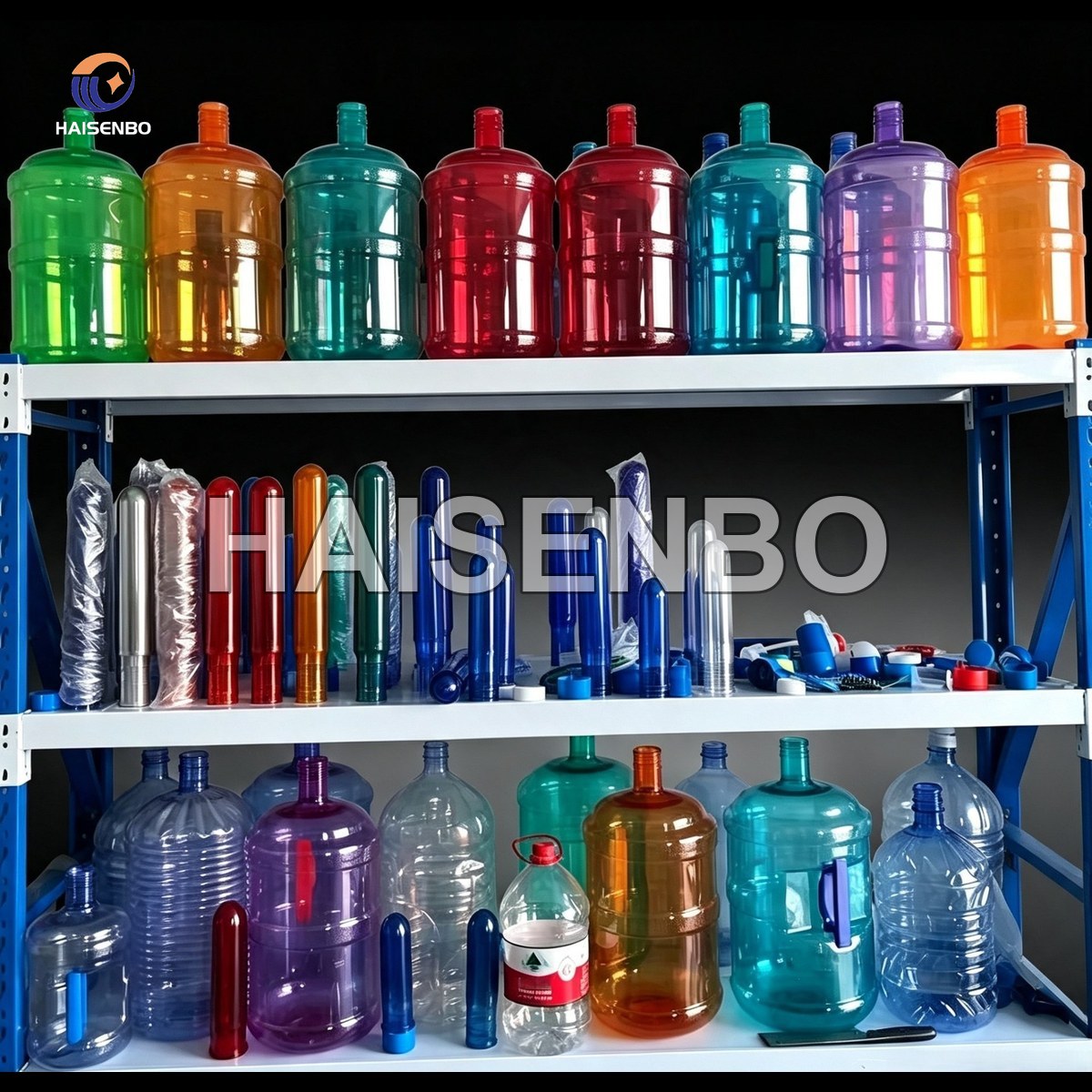 Shelf of multi-color PET blow sample bottles