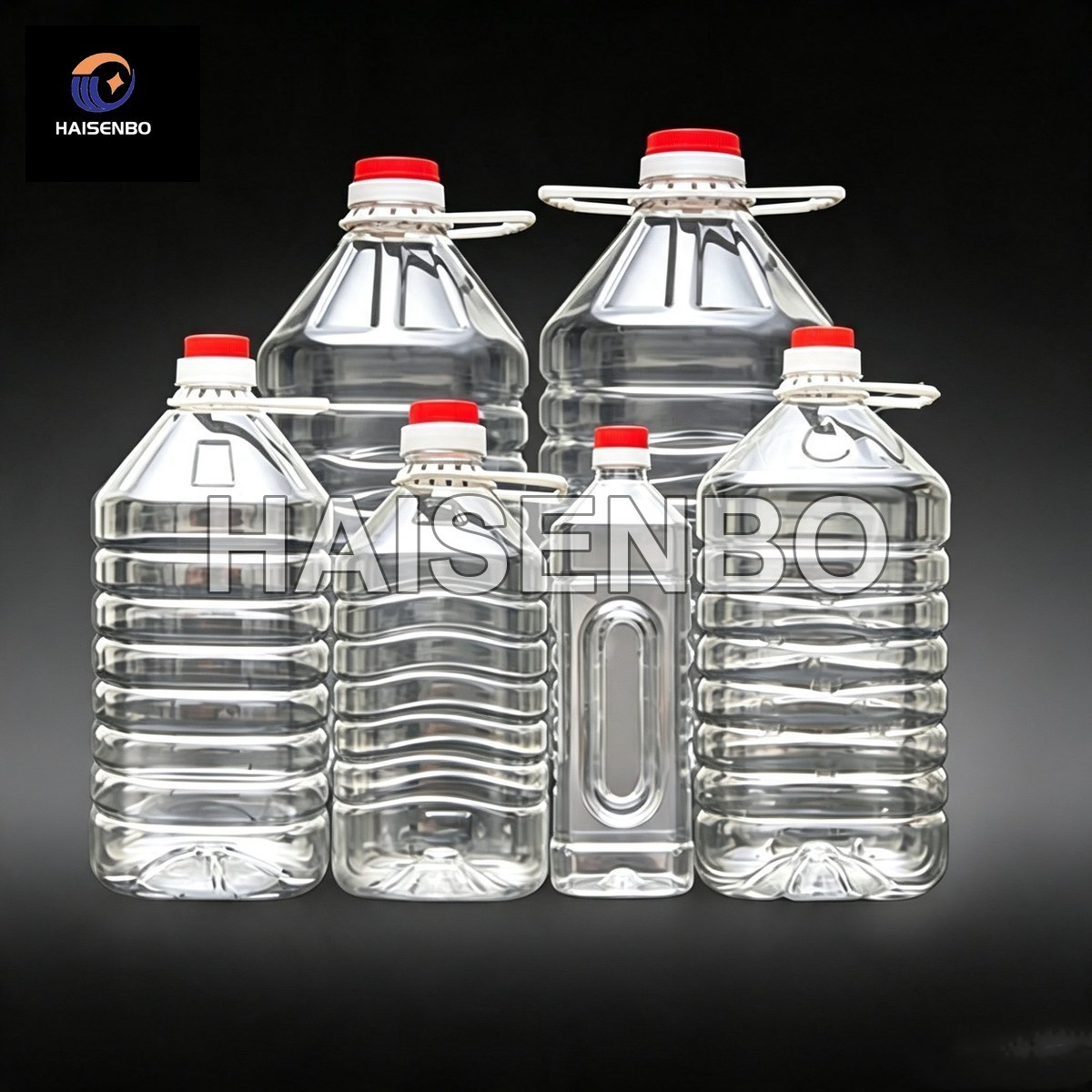 Clear square PET bottles with red caps and white handles