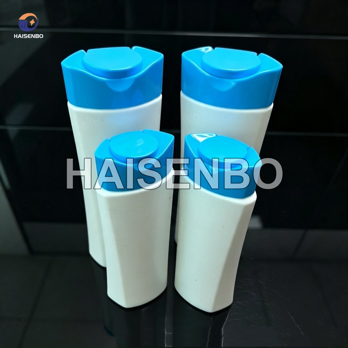 White bottle with blue flip-top cap blow sample