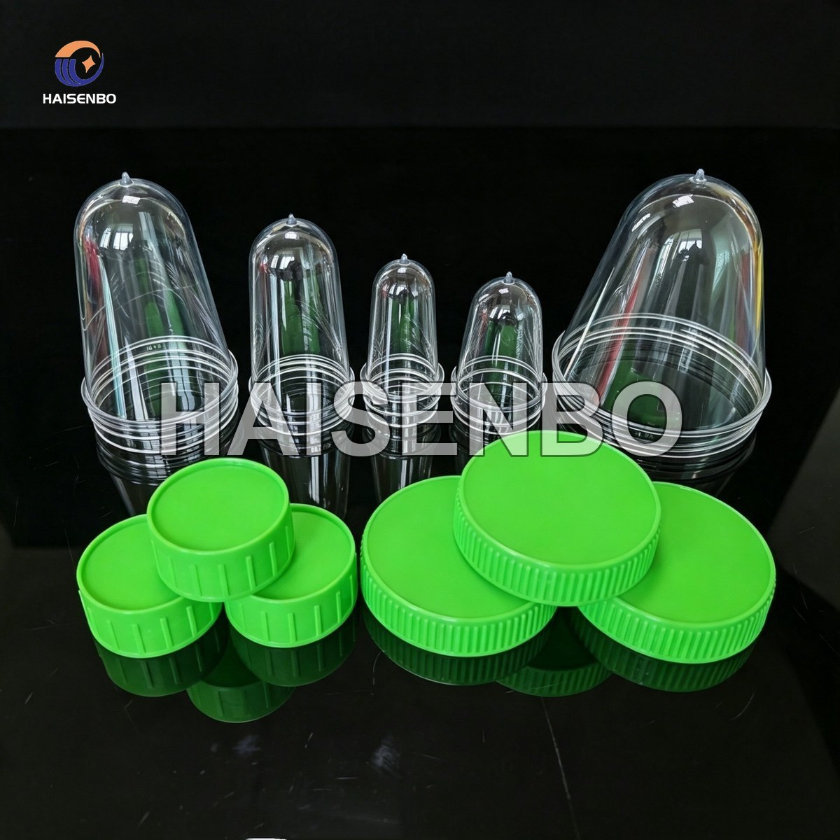 Finished PET preforms with green screw caps