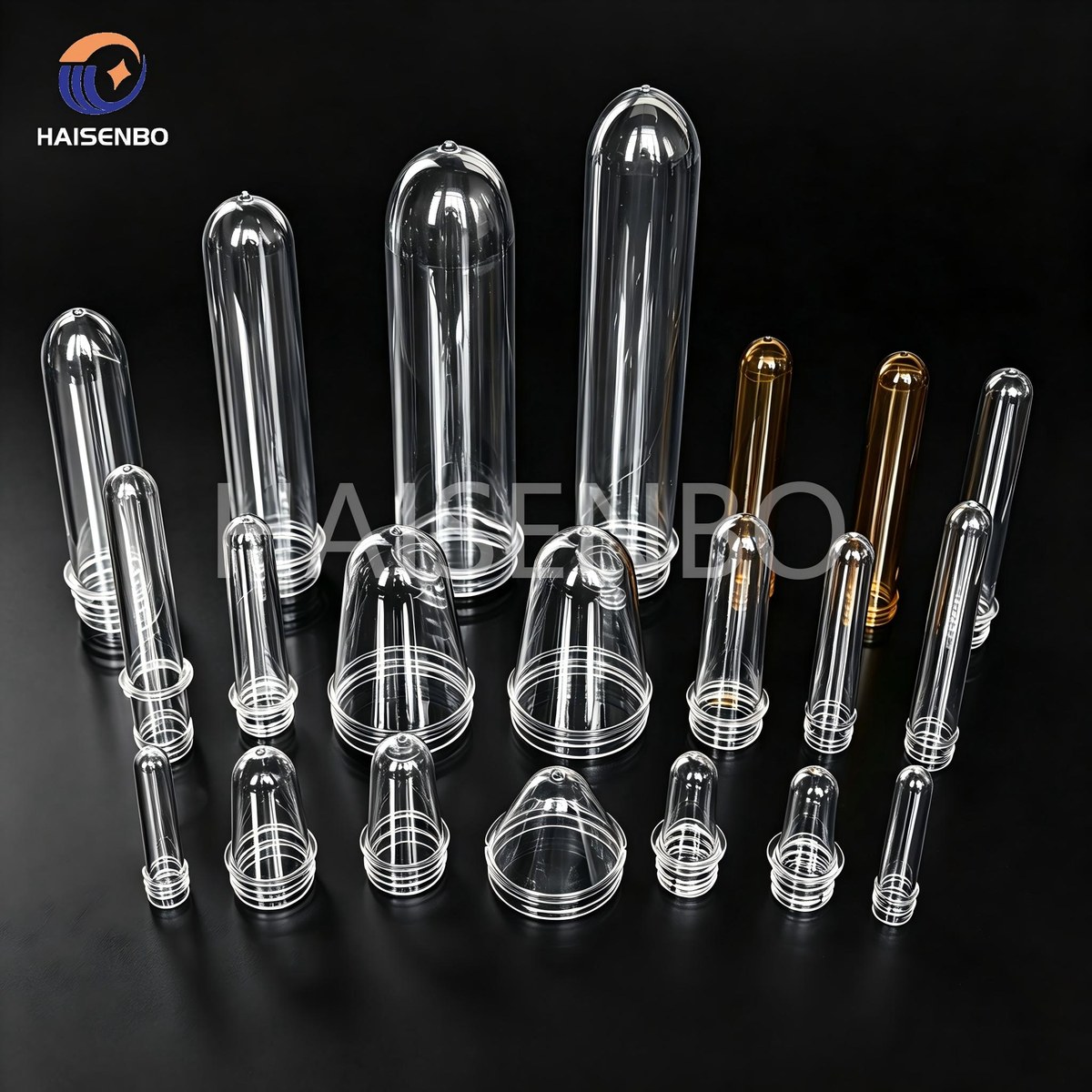 Full range of PET preforms in various sizes and colors produced by Haisenbo molds